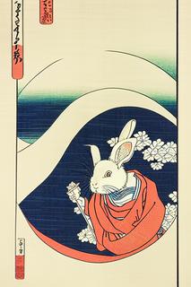 an ukiyo-e style woodblock print of the rabbit in the moon, by katsushika hokusai and kawase hasui -s75 -b1 -W512 -H768 -C14.0 -mk_euler_a -S842093776